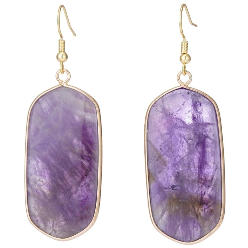 18K Yellow Gold with Natural Amethyst Stone French Wire Drop Hook Earrings
